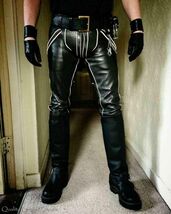 MENS LEATHER LEDER JEANS TROUSERS PADDED  PIPING PANTS TROUSERS 69 FN BL... - $127.41