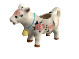 Vintage Ceramic Cow Creamer with Floral Design &amp; Bell 1960s - £13.36 GBP