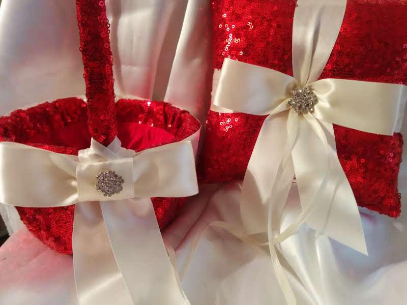 Red Sequin Ring Pillow - or Basket -Flower Girl -Ringbearer, Christmas Wedding,  - $34.00