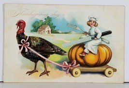 Thanksgiving Greetings Girl Chef on Pumpkin Pulled by Turkey Tuck Postcard J19 - £5.58 GBP