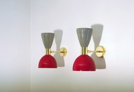 Mid Century 1950&#39;s Brass Italian Diabolo Wall Sconce Fixture Light 2 Bulb Pair - £88.94 GBP