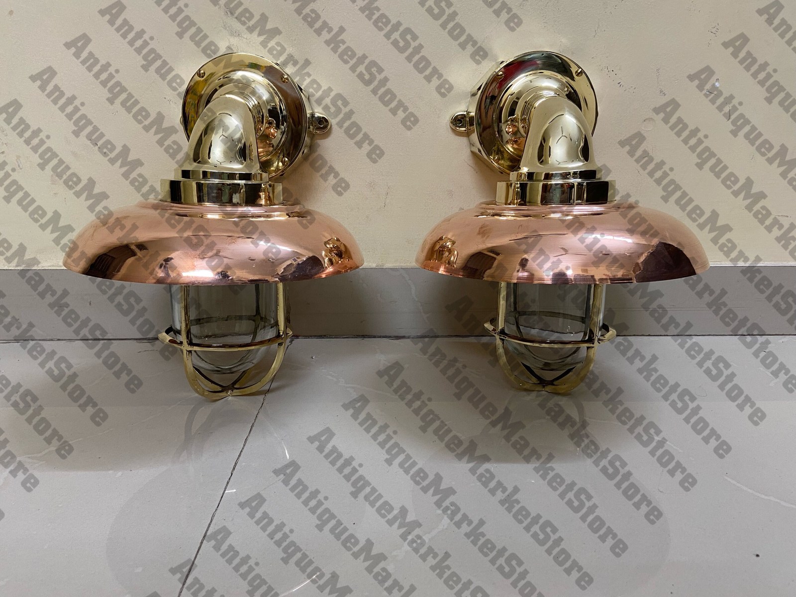 Nautical Bulkhead wall Brass sconce Modern Light Fixtures with Copper Shade - $216.32