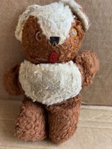 Vtg antique? Rare Brown Teddy Bear Plush Stuffed Animal 8&quot; Orange Eyes Red Tonge - £15.78 GBP