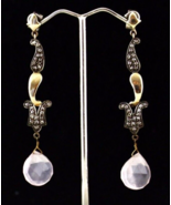 NATURAL ROSE QUARTZ TEAR DROPS DIAMOND 18K GOLD 925 SILVER VICTORIAN EAR... - $7,042.04 MXN