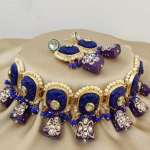 Indian Bollywood Style Gold Plate Kundan Choker Necklace Royal Blue Jewelry Set - £37.96 GBP