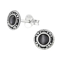 925 Silver Stud Earrings with Gray Cat&#39;s Eye - £11.26 GBP