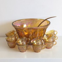 Carnival Glass Punch Bowl Set, Marigold, Indiana, Grape &amp; Leaf, Harvest, Vintage - £45.78 GBP