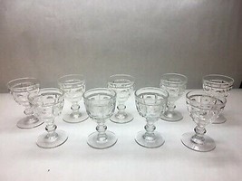 VINTAGE Set of 9 PRESSED GLASS Large CORDIAL Glasses GEOMETRIC Design THICK - £43.71 GBP
