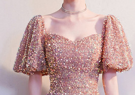 BLUSH PINK Maxi Sequin Dress GOWNS Vintage Sleeved High Waist Sequin Prom Dress image 7