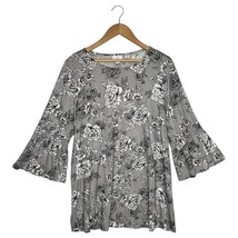 J Jill Top Womens L Floral Smocked Bell Sleeve Round Neck Modal Cotton Boho Gray - $21.77