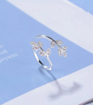 Sterling Silver Plated Crystal Leaf Adjustable Ring (Size 5.5 - 7.5) - £7.80 GBP