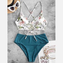 Two Piece Swimsuit Bikini Women 2022 Summer Beach Wear Suit Female Flower Print  - £87.84 GBP
