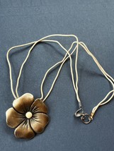 Double Strand Stretchy Cream Cord w Large Pewter Dogwood Flower Pendant Necklace - £7.43 GBP