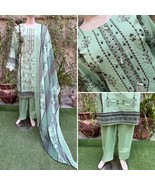 Pakistani Light Green Printed Straight Shirt 3-PCS Lawn Suit w/ Thread w... - $77.33 CAD