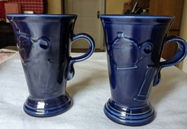 2 Fiesta Cobalt Blue Tall Coffee Cup Pedestal Mugs Latte Pitchers Pattern - £22.99 GBP