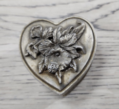 Vintage Ornate Silver Tone Heart Shaped Trinket Box with Flowers &amp; Ladybug - £11.59 GBP