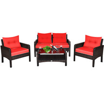 4PCS Patio Rattan Furniture Set Coffee Table Loveseat Sofa W/Red Cushion... - £404.17 GBP