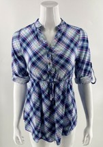 Oona &amp; Maud Maternity Top Size Small Tunic Plaid Blue Green Red Roll Tab... - £11.82 GBP