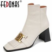 FEDONAS Women Ankle Boots Retro  Decoration Fringe Leather High Heels Square Toe - £138.80 GBP