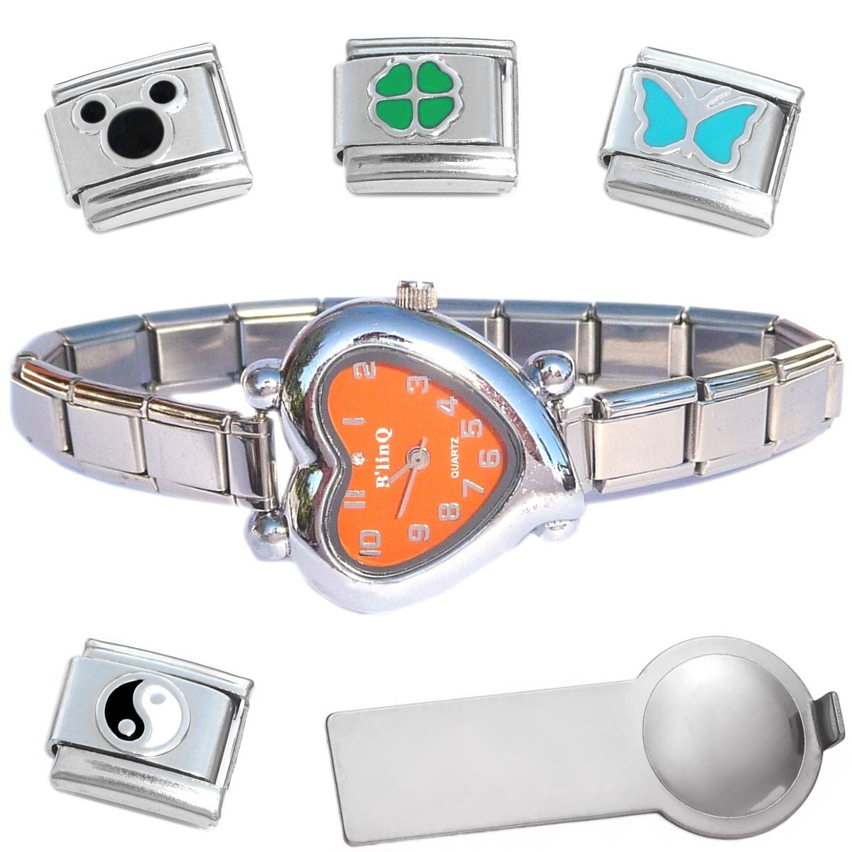 Orange Heart Italian Charm Watch Bracelet Plus Charm Tool &amp; Enamel Charms - $18.69