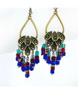 Cluster Crystal Drop Dangle Earrings Red Blue Green Antique Gold Tone Ch... - $29.99