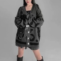 QWEEK  Print Sweater Harajuku  Cardigan Oversized Streetwear Style Long Sleeve W - £85.45 GBP