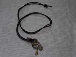 Estate Long Black Leather Cord with Silver &amp; Goldtone Etched Metal Beads Pendant - £6.84 GBP