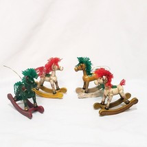 Lot 4 Rocking Horse Wooden Christmas Ornament Vintage Beige Green Green 3&quot; - £27.60 GBP