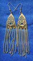 Elegant Ancient Style Silver-tone Tassel Pierced Earrings 1990s vintage 3 3/4&quot; - £9.85 GBP