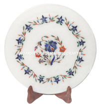 White Marble Round Plate Semi Precious Inlay Marquetry Floral Work Decor H1280 - £117.20 GBP+