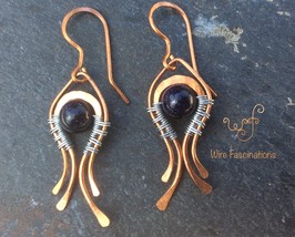 Handmade copper earrings with blue goldstone and stainless steel weave - £23.62 GBP
