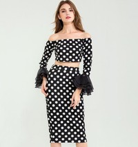 Sexy boat neck two-pieces dress ruffled cuffs polka dot cotton T shirt a... - $28.20