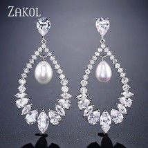 ZAKOL Hollow Marquise Cut Zirconia Drop Earrings For Women Wedding Fashion Imita - £17.96 GBP