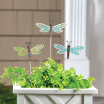 Set of 3 Dragonfly Stakes Metal Garden Lawn Flower Pots Outdoor Yard Art Decor - £10.02 GBP