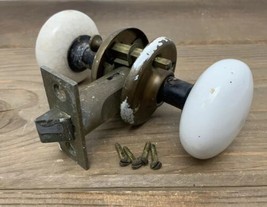 Antique White Porcelain Door Knobs, Latch and 4 Brass Screws Reclaimed - $75.11 CAD