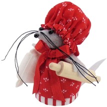 Mouse Baker with Flour Bag and Rolling Pin, Red Print Dress, Handmade Decor - £7.13 GBP