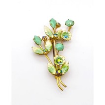 Vintage Glitzy Floral Spray Brooch, Gold Tone with Faceted Green and AB Sparkle - £24.34 GBP