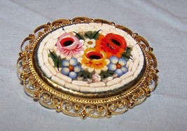 Italian Micro-Mosaic Oval Floral Brooch Pin w/Filigree Edging-Lot P 58 - £23.80 GBP