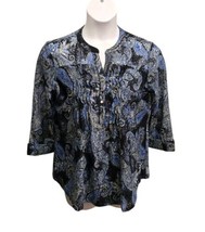 Cocomo Womens Large Navy Blue Paisley Blouse Roll Tab Sleeve Stretch Knit - $23.51