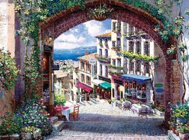 FRAMED CANVAS ART PRINT painting archway to the Mediterranean ocean cafe garden - £31.74 GBP+
