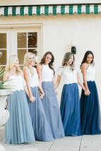 Dusty Blue Bridesmaid Dresses 2 Piece Long Tulle Skirt and Sleeve Crop Lace Top  image 6