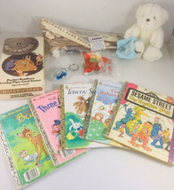 vtg junk drawer lot toy lot wooden submarine, Hershey bear, golden books  - $19.71