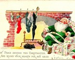 Santa in Green Suit by Fireplace w Stockings Embossed DB Postcard T19 - £6.95 GBP