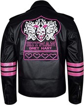 Men&#39;s Brett Hart Hitman Wrestler Skull Embroidered Black Leather Jacket - $119.99