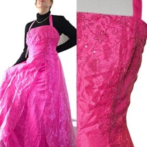 90s Y2K Pink Irridescent Ebelloshed Beaded Halter Prom Dress Pink Size 14 Barbie - £93.26 GBP