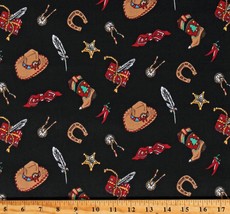 Cotton Cowboy Gear Hats Boots Western Black Fabric Print by the Yard D464.54 - £7.77 GBP