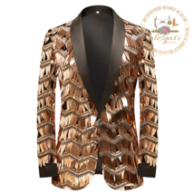 Mens Luxury Wave Striped Gold Sequin Blazer Jacket Shawl Lapel One Button Shiny  - £98.98 GBP