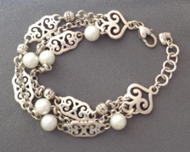 Brighton Geneva Bracelet Retired Triple Strand w/ Faux Pearls 7.5 to 8.5&quot; - $34.99