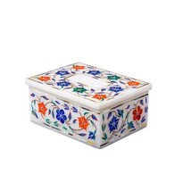Rectangle Marble Inlay jewelry Box with Semiprecious Stone Floral Art Gi... - $155.43