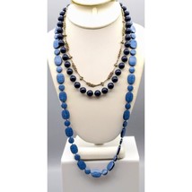 Vintage Necklace Layering Lot, Silver Tone Station Chain and 2 Blue Beaded - $35.80